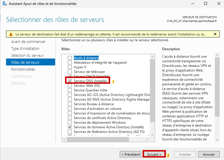 Sélection du rôle DNS